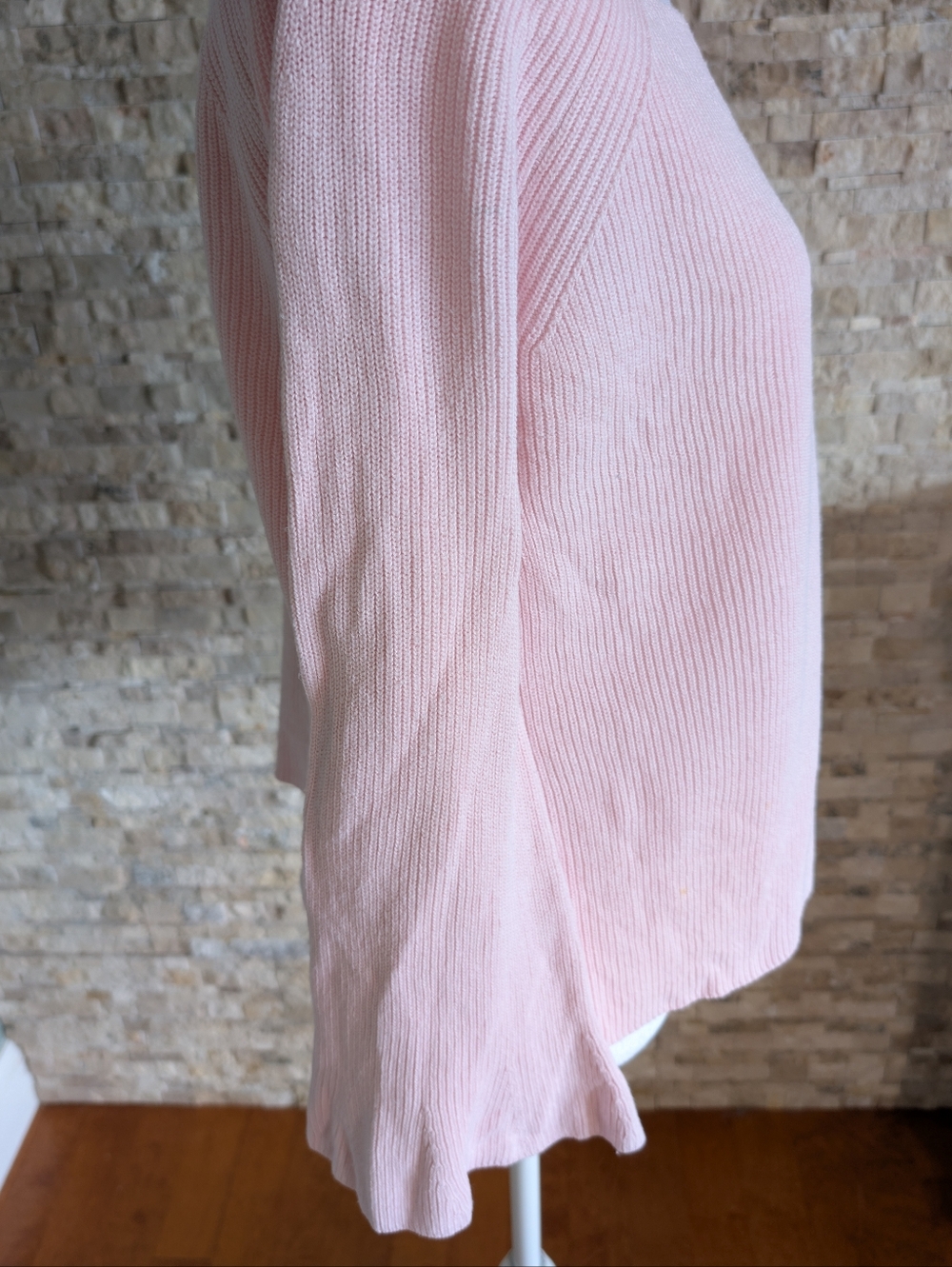 LOFT Pink Strappy Back Bell Sleeve Ribbed Knit Cotton Silk Blend Sweater Size M - Picture 4 of 12